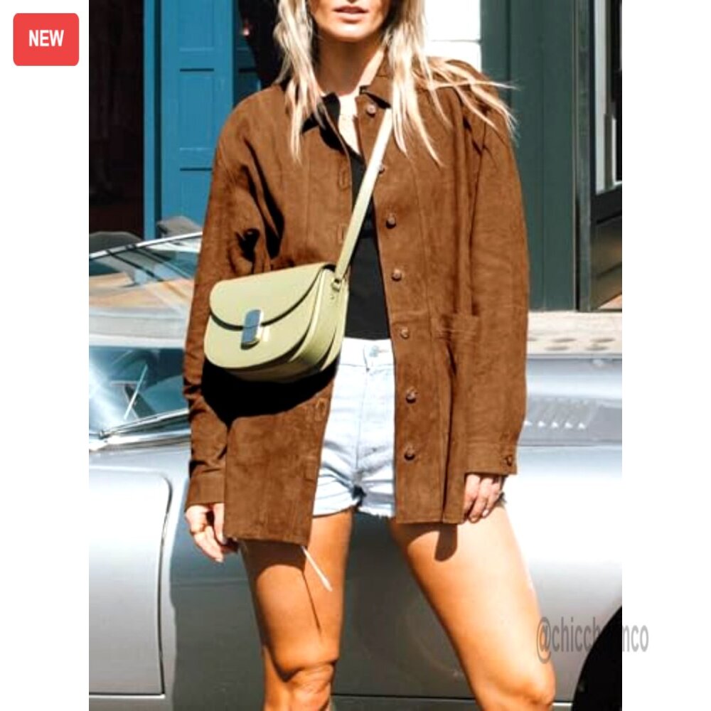 Faux Suede Shacket Jacket Button Down Long Sleeve… - image 3